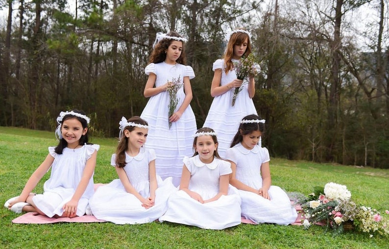 White Shantung Fabric, First Communion Dress, Hand Made, Smocked Dresses sizes 6 12 image 3