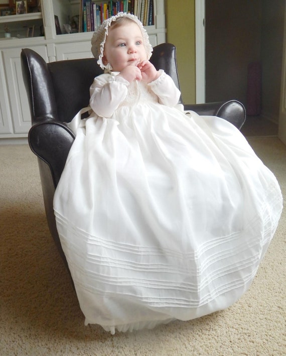 Handmade Baby Girl Christening Gown and Bonnet, Cotton Heirloom