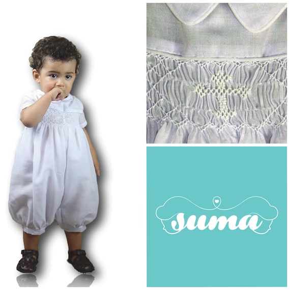 Boys White Christening Romper | Smocked Baptism Outfit