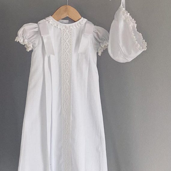 Hand Smocked Ivory Cotton Christening Gown with Bonnet – Personalized Baptism Dress