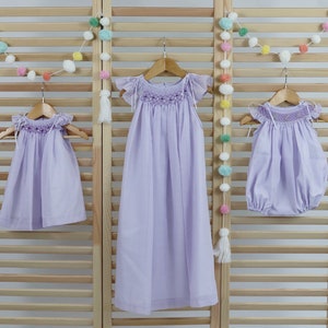 Pastel Lavender Matching Sister Dresses, Bishop Hand Smocked  Girl Dress Cotton Fabric