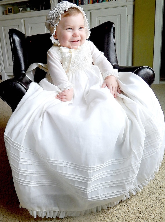 Winter Long-Sleeve Christening Gown – White/Ivory Hand-Smocked Cotton with Bonnet Free Personalization