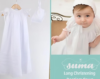 Longue robe de baptême en coton smockée à la main, tenue de baptême personnalisée gratuite, blanc et ivoire