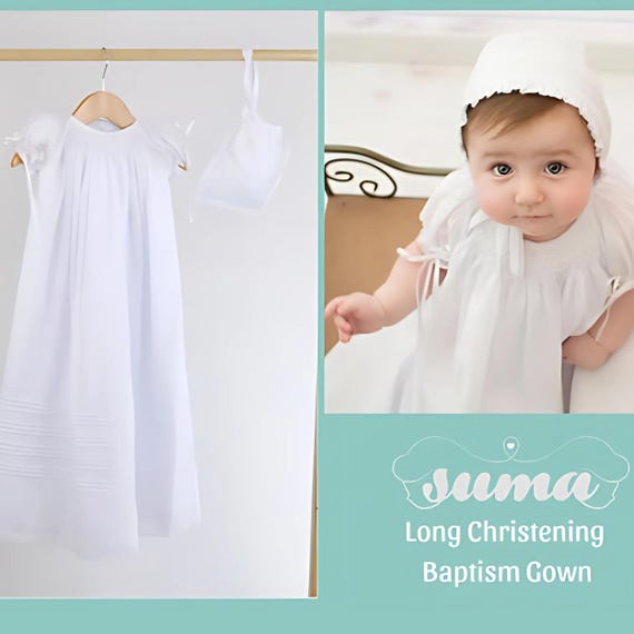 Long Christening Gown Girls, Baptism Gown, Dedication,   White Cotton, Spanisg Gown , Blessing outfit,  Hand Smocked, Free Personalization