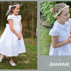 White Shantung Fabric, First Communion Dress, Hand Made, Smocked Dresses sizes 6 12 image 1