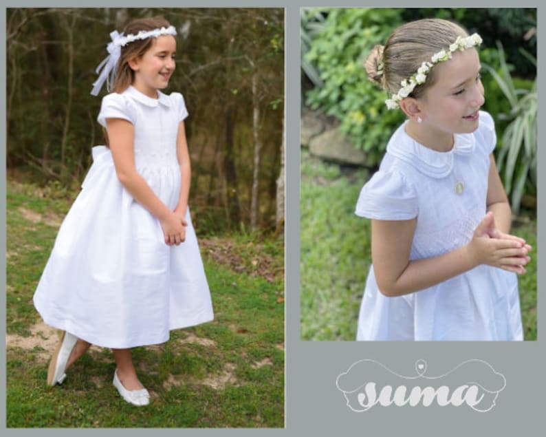 White Shantung Fabric, First Communion Dress, Hand Made, Smocked Dresses sizes 6 12 image 1