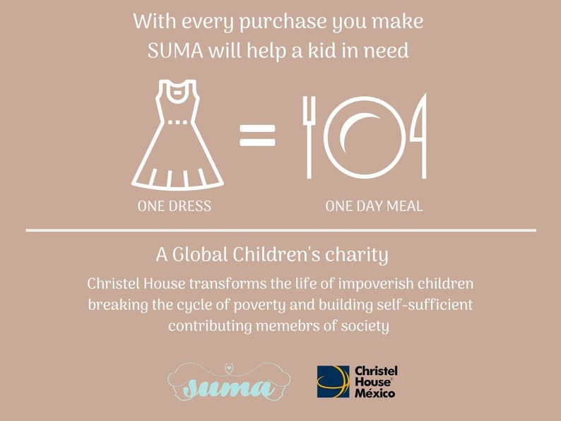 Op de afbeelding: Een grafiek die laat zien dat voor elke gekochte jurk, een dagmaaltijd wordt verstrekt aan een kind in nood. De grafiek toont een witte jurk en een bord met een vork en mes. De tekst "SUMA will help a kid in need" wordt boven de grafiek weergegeven. De tekst "A Global Children's charity" wordt onder de grafiek weergegeven. Het logo van Christel House Mexico wordt in de rechterbenedenhoek weergegeven.