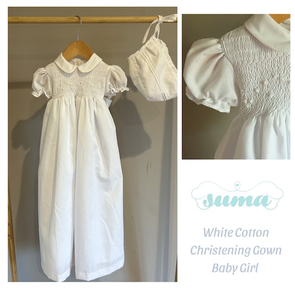 Long Christening Gown Girls, Baptism Gown,  White Cotton, Christening Dress , Blessing outfit,  Hand Smocked, Free Personalization