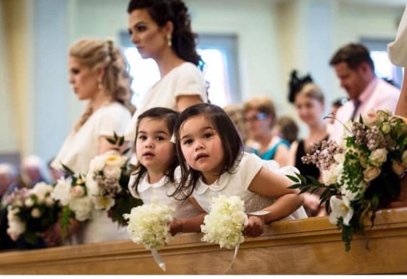 White Shantung Flower Girl Dresses, White Shantung Smocked Dresses add Petticoat and Headpiece image 3