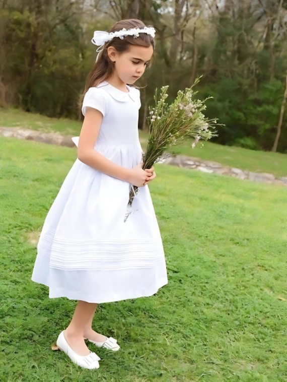 White Cotton Fabric, First Communion Dress,  Hand Made, Smocked Dresses size 6-12