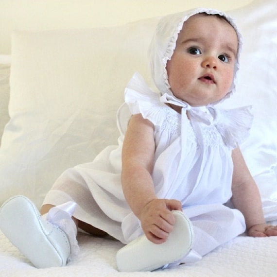 Baby Girl Christening Dress,  Baptism Dress with Bonnet, Blessing Dress,  Gown  White Cotton, Hand  Made, Free Personalization