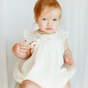 Ivory Baby Girl Bubble Romper, Toddler Girl Romper, Baby Girls Smocked Bubble Romper,  Hand Made Bubble Romper