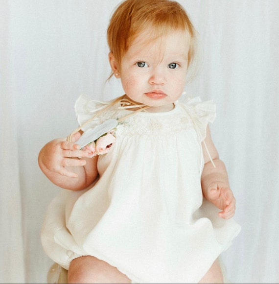 Ivory Baby Girl Bubble Romper, Toddler Girl Romper, Baby Girls Smocked Bubble Romper,  Hand Made Bubble Romper