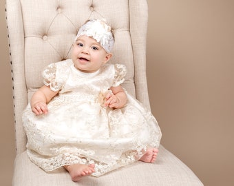 Ivory Lace Christening Dress with Headband, Personalized Baptism Gown