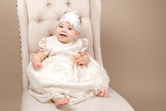 FINAL SALE Christening Baby Girl Ivory  lace Dress with head band,  Baptism , Christening, Wedding, Free Personalization