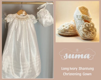 FINAL SALE Long Ivory Christening Gown Girl  Shantung  Christening dress Blessing dress No Bonnet