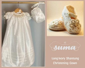 FINAL SALE Long Ivory Christening Gown Girl  Shantung  Christening dress Blessing dress No Bonnet