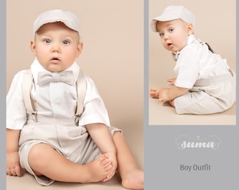 Beige Linen Ring Bearer Outfit, Suspenders, Bowtie, Cap