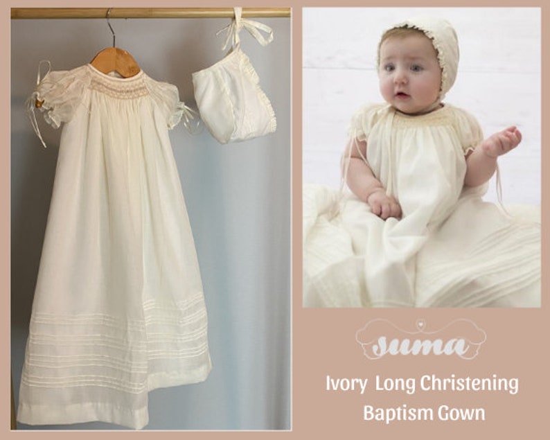 Christening Gown girl, Baptism Gown, Girls Baptism Dress, Dedication Dress, Ivory, Long Christening Gown, Free Personalization image 1