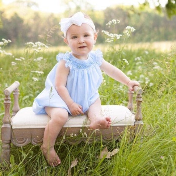 Blue Bubble Romper Baby Girl Cotton light blue Romper Romper Toddler Girl. Bishop Hand Smocked Bubble Romper Cotton hand made