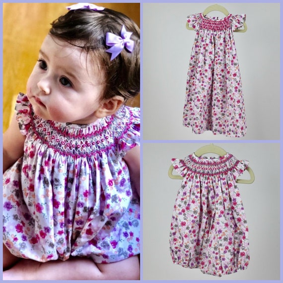 Last Sizes Matching Sister Dresses Bubble Romper Baby Girl, New Born, Toddler Romper,  Dress Floral Purple Cotton Fabric, Bishop Smocked