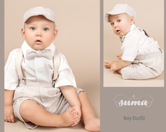 Beige Linen Baby Boy Christening Outfit, Wedding Romper