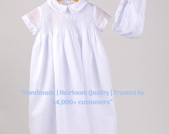 Hand Smocked Baby Boy Christening Gown | Cotton Baptism Outfit with Bonnet