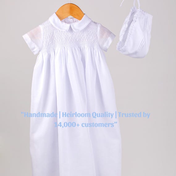 Hand Smocked Baby Boy Christening Gown | Cotton Baptism Outfit with Bonnet