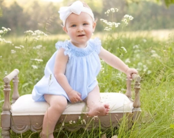 Blue Bubble Romper Baby Girl, Cotton light blue Romper, Romper Toddler Girl. Bishop Hand Smocked Bubble Romper Cotton, hand made