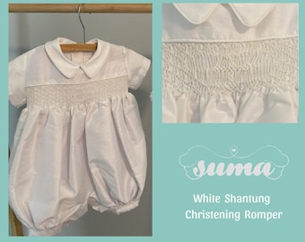 FINAL SALE Baptims Boy Christening Outfit Romper | White Shantung  Baptism Suit |  Blessing Outfit for Boys | Baby Boys Baptism Outfit