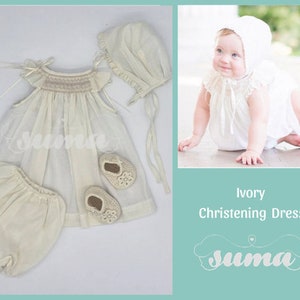 Baby Girl Ivory Bishop Smocked Dress, Christening Baptism Dress Ivory cotton with Bonnet , Free Personalization