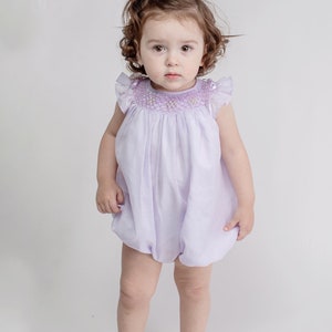 Lignt Lavender lilac Cotton baby girls smocked bubble romper, hand made
