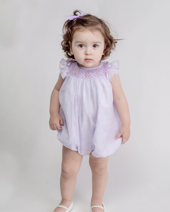 Lignt Lavender lilac Cotton baby girls smocked bubble romper, hand made