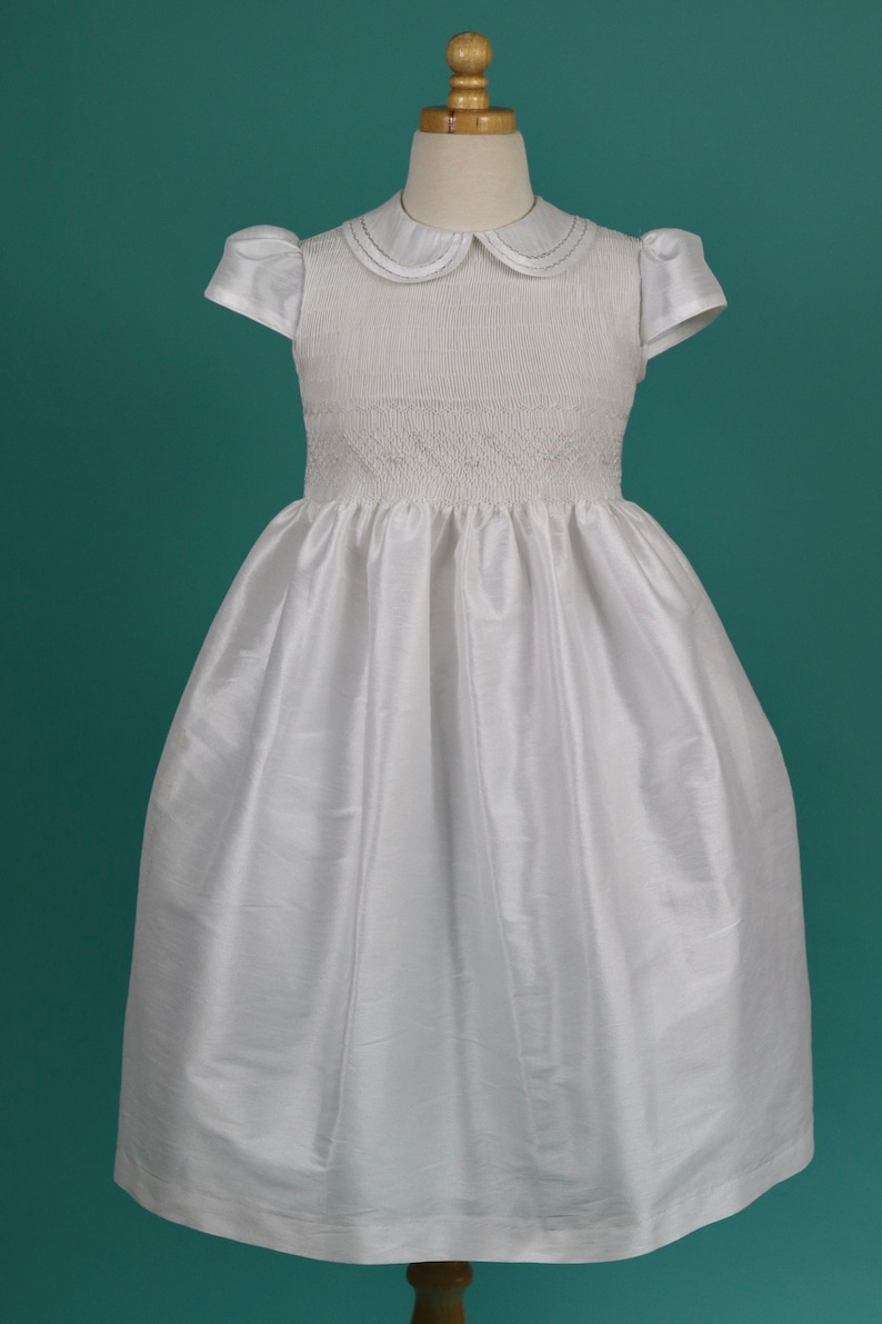 White Shantung Fabric, First Communion Dress, Hand Made, Smocked Dresses sizes 6 12 image 5