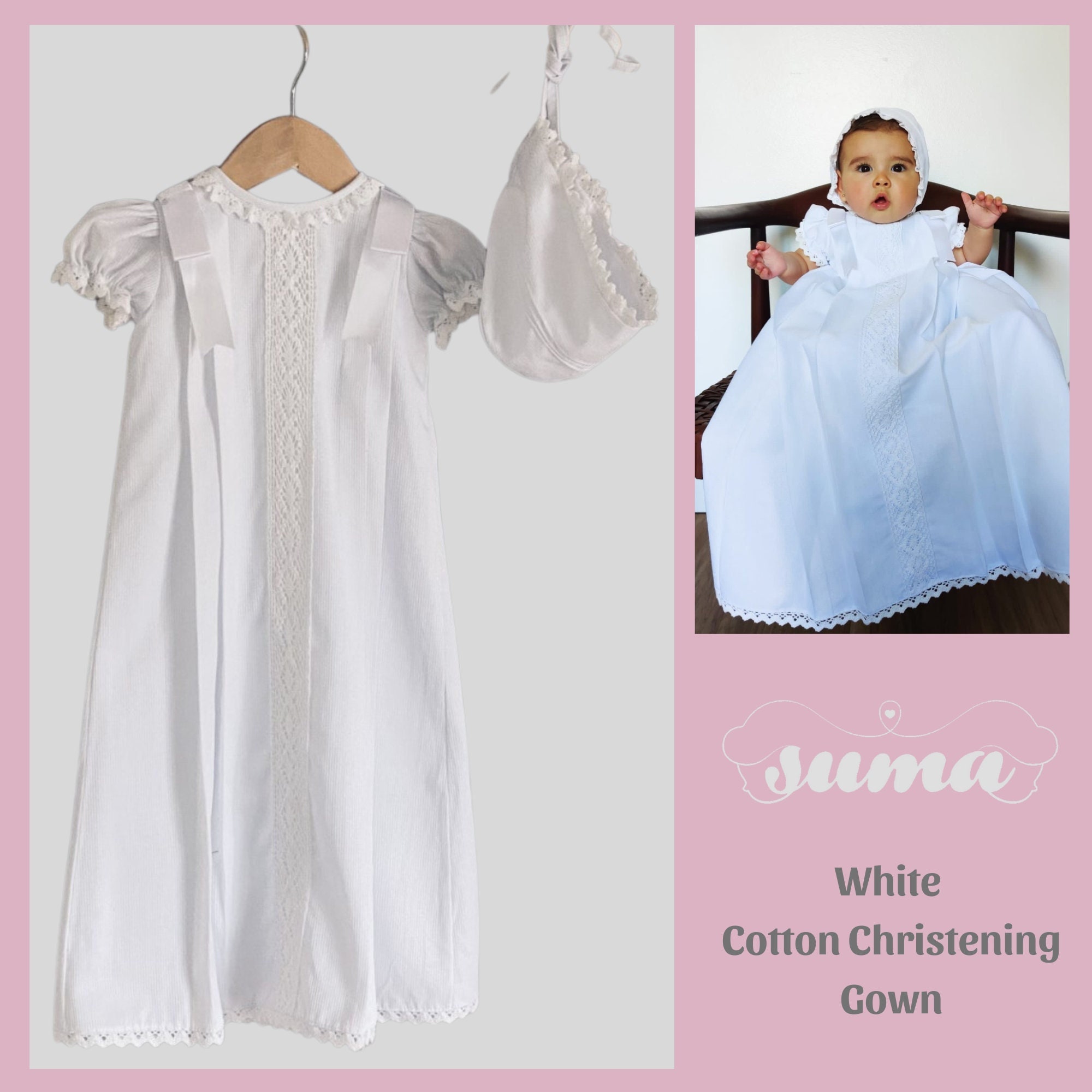 Long Christening Gown White Ivory Cotton Baptism Gown Girls