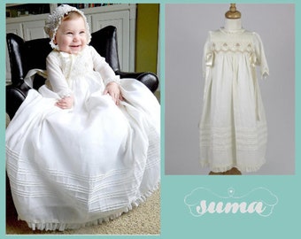 White Baby Girl Christening Gown Long Sleeves,  Baptism Gown Handcrafted Heirloom Gown Hand Made  Personalized Long Sleeves