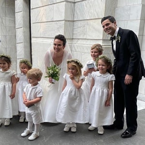 Flower Girl Dresses, Ring Bearer Outfit, Weeding Party, Boys Linen Suit,  White and Ivory Shantung Smocked Dresses