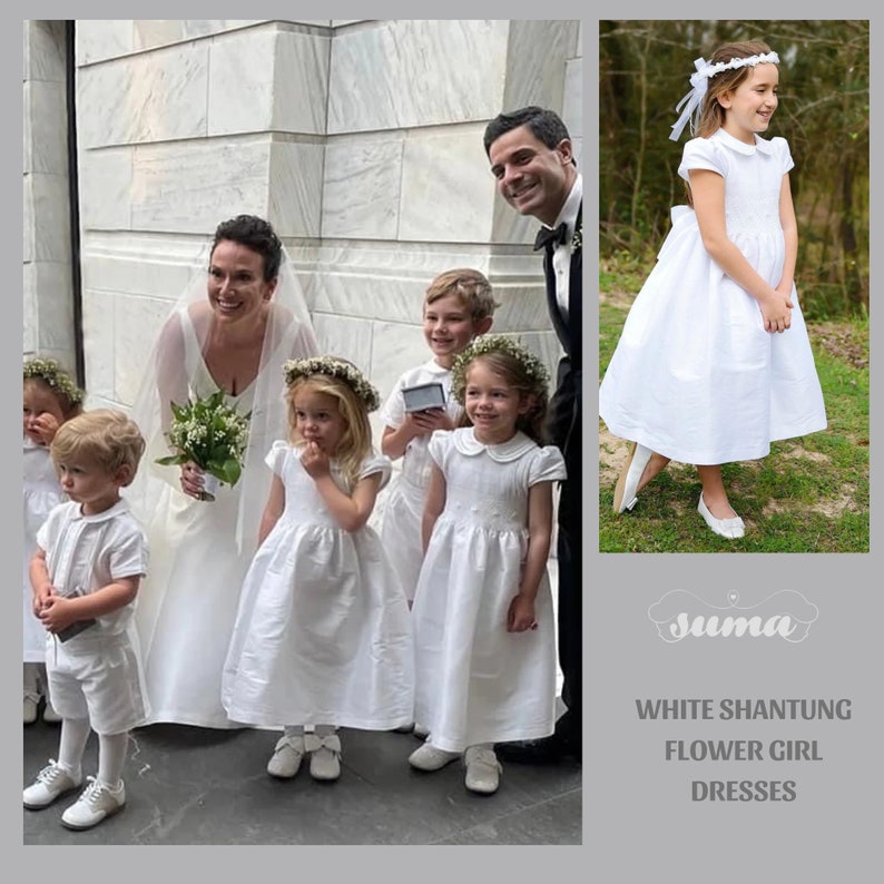 White Shantung Flower Girl Dresses, White Shantung Smocked Dresses add Petticoat and Headpiece image 2