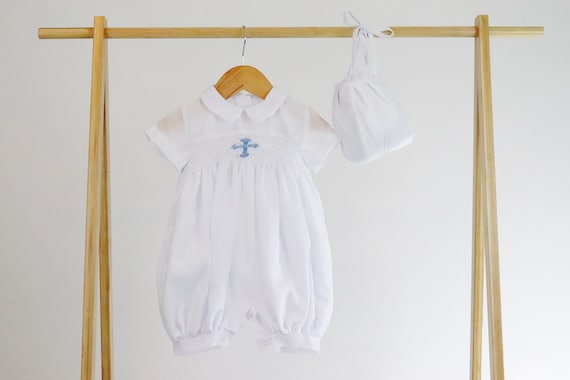Boys Christening Romper | White Cotton Smocked Baptism Outfit
