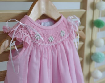 Combi-short Bubble en coton smocké rose clair fait main pour bébé