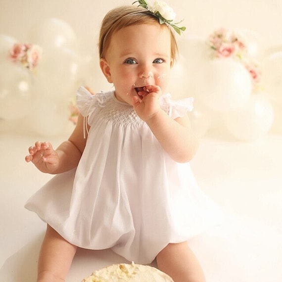 White Cotton baby girls smocked bubble romper, 100% cotton