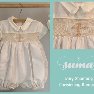 FINAL SALE Christening Baby Boy Outfit Ivory Shantung Romper,  Baptism Boy,  Blessing Baby Boy Outfit, Smocked Romper Ivory Baby Boy