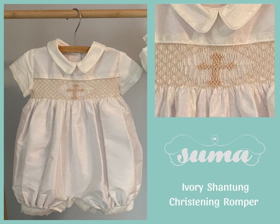 FINAL SALE Christening Baby Boy Outfit Ivory Shantung Romper,  Baptism Boy,  Blessing Baby Boy Outfit, Smocked Romper Ivory Baby Boy