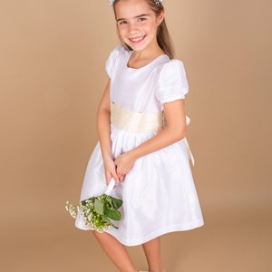 Flower Girl dress classic, white shantung with sash and big bow. Puffy sleeves. Girl elegant wedding dress Many colors sash and big bow image 5