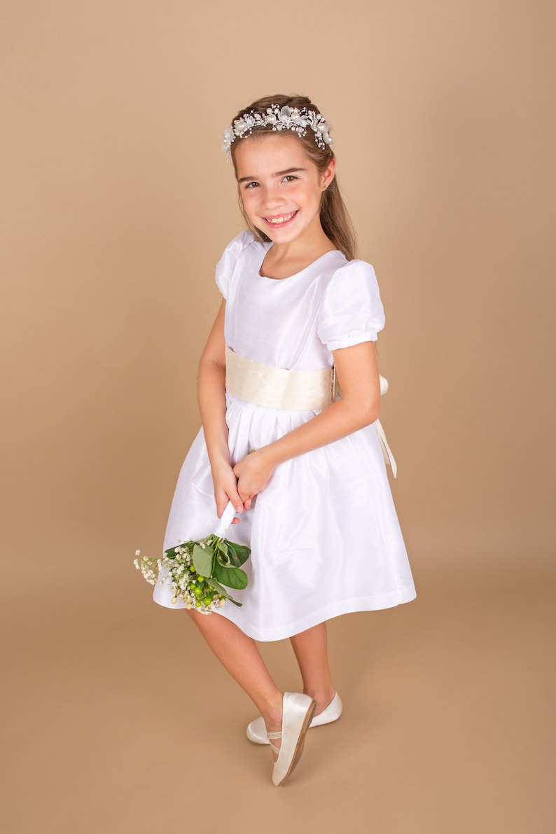 Flower Girl dress classic, white shantung with sash and big bow. Puffy sleeves. Girl elegant wedding dress Many colors sash and big bow image 5