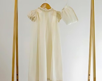 Handmade Ivory Christening Gown – Baby Baptism Dress with Bonnet, free Personalized