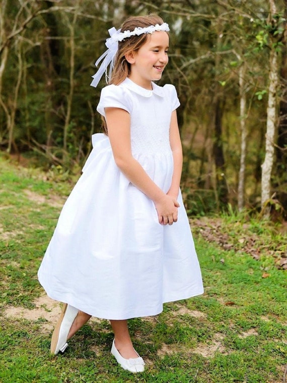 White Shantung Fabric, First Communion Dress, Hand Made, Smocked Dresses sizes 6 -12