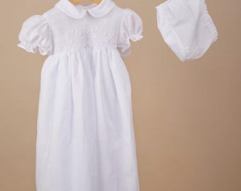 Hand Smocked Cotton Christening Gown, Bonnet, Free Personalization