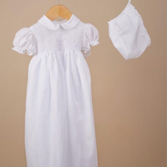 Hand Smocked Cotton Christening Gown, Bonnet, Free Personalization