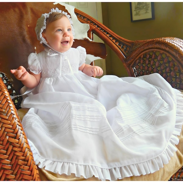 Baby Girl Long Christening Gown Ivory - White Cotton Hand-Smocked + Bonnet Newborn-24 months  Free Personalization